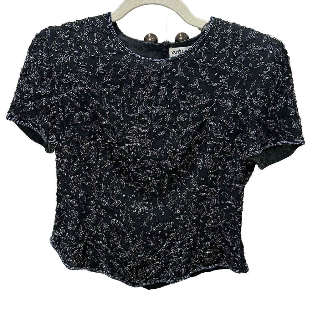 Vtg Papell Boutique Silk Beaded‎ Top Small Black Sparkle 90s Fairy Whimsigoth